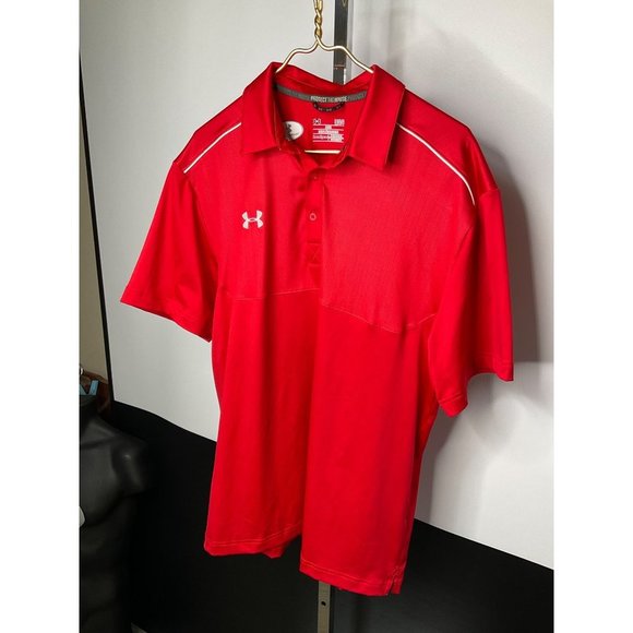 LARGE Loose Fit Under Armour Bright Red Golf Polo SS Shirt Mens - Picture 3 of 5